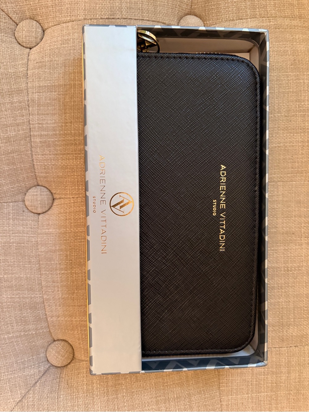Adrienne Vittadini Black Textured Zip Wallet with Gold Logo